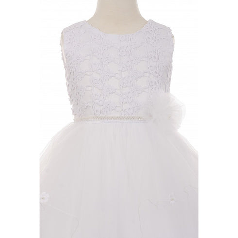 Little Girls White Pearl Flower Adorned Multi Layer Flower Girl Dress 4-6 - SophiasStyle.com